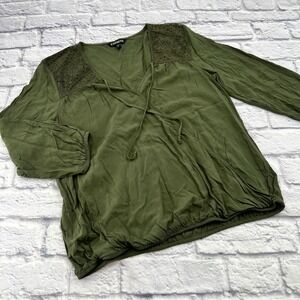 Express Women's Large Olive Green Lace Faux Wrap Blouse 3/4 Sleeve Elastic Hem